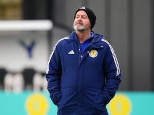 Steve Clarke has a puzzled look during a Scotland training session