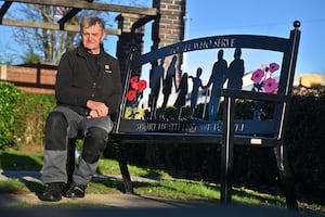 John Elwell at Shorth Heath War Memorial in Willenhall at a bench he helped to get installed for the community.