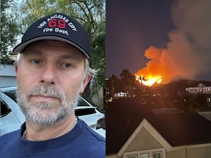 Composite image of a man wearing a black cap (left) and an image of a orange flames and smoke billowing in the air