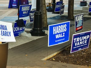 US presidential election candidate signs near Arlington, Virginia Court House, Virginia