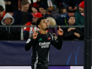 Arsenal’s Ethan Nwaneri celebrates after scoring