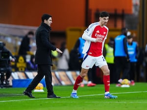 Arsenal manager Mikel Arteta and Kai Havertz (right) during a Premier League match at Molineux