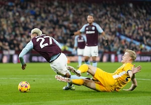 Aston Villa's Morgan Rogers goes down in the box leading to a penalty appeal 