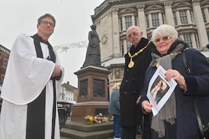 Canon Rob Hall with Walsall mayor Councillor Anthony and mayoress Christina Harris at the Sister Dora statue.  