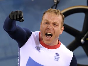 Sir Chris Hoy celebrating, wearing Team GB gear