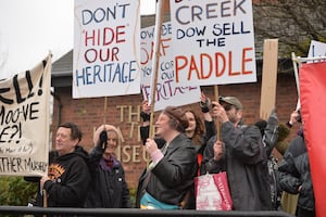 The protesters stood on the doors of the potentially doomed Walsall Leather Museum