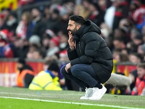 Manchester United manager Ruben Amorim looking frustrated on the touchline on Sunday