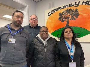 l-r Volunteer centre worker Manan Khawaya, service user Graham Tomes, service user Ferristina Peart-Smith and Cllr Caroline Reid at the Cadrene Centre in Dudley. Picture Martyn Smith/LDRS free for LDRS use