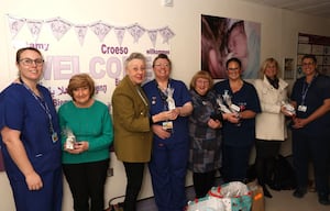 Soroptimists from Cannock, Bilston & Wolverhampton clubs give gifts to staff of the Delivery Suite, New Cross Hospital