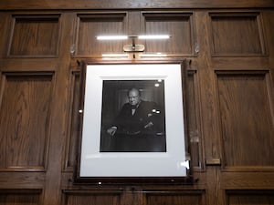 Yousuf Karsh’s 1941 portrait of Sir Winston Churchill, which he gifted to the Fairmont Chateau Laurier, is seen after being unveiled at the hotel following its theft and return, in Ottawa, Ontario