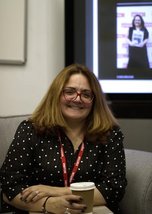 Justine Halifax, CEO of Angel Media, is pictured delivering a media talk at Lichfield campus of South Staffordshire College