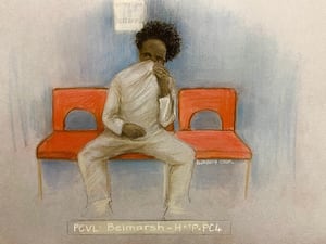 Court artist drawing of Axel Rudakubana appearing in court by video-link from prison