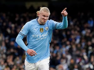 Manchester City’s Erling Haaland celebrates scoring against West Ham (Martin Rickett/PA)