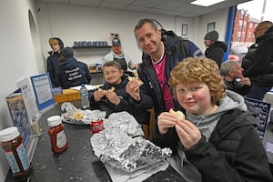 Taylor and Stuart Atkiss and Owen Jones visited to get their free sandwich