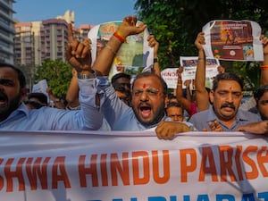 Members of Vishwa Hindu Parishad shout slogans during a protest outside the Bangladesh High Commission in Mumbai, India