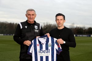 Sporting director Andrew Nestor, part of the Bilkul owner group, right, and Tony Mowbray (Photo by Adam Fradgley/West Bromwich Albion FC via Getty Images)