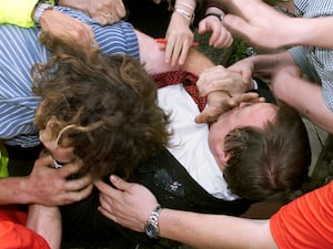 John Prescott surrounded by protesters