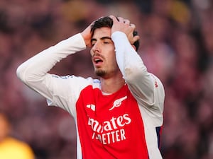 Arsenal’s Kai Havertz reacts after a missed chance during a Premier League match at Wolves