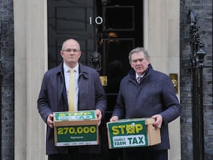 National Farmers’ Union (NFU) president Tom Bradshaw (left) and NFU Cymru president Aled Jones handing in a petition at No 10