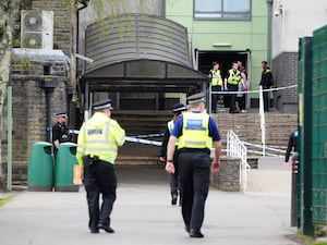 Police outside Amman Valley School in Ammanford, Carmarthenshire after a stabbing incident