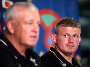 Wales captain Jac Morgan, right, with coach Warren Gatland at a press conference