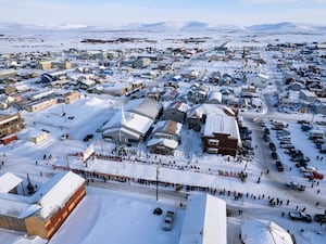 The snowy city of Nome, Alaska, seen from above