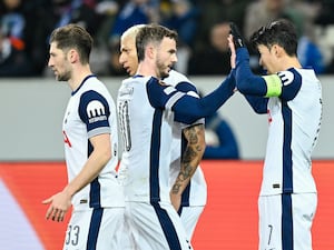 Son Heung-min (right) celebrates with James Maddison