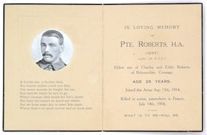 First World War (1914-18) memorial card of Private Arthur Roberts of Sheinton, near Cressage.  