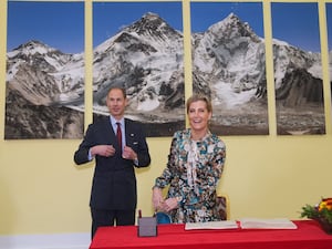 The Duke and Duchess of Edinburgh after signing the visitors book at the Presidential Palace in Maharajgunj, Kathamnadu