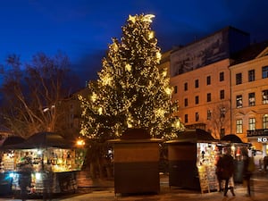 A Christmas tree and market in Hviezdoslav Square, Bratislava