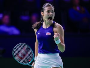 Emma Raducanu celebrates winning a point against Germany’s Jule Niemeier