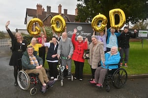 Residents and staff at Oldbury Grange celebrate an improved Ofsted rating. Pictured in no particular order are Jamie Gibb, Richard Clearl, Sheila Berry, Val Cox, Wilfred Pritchard, Bronwyn Evans, Maggie Bateman, Louise Mclean, Dionne Leadbetter, Melanie Roadenhurst, Jodie Haines (manager, fifth from right), Mandy Bullock and Alison Glavey