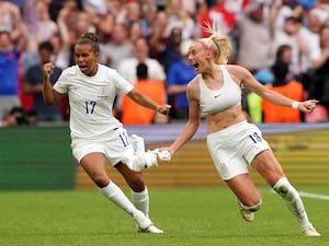 England’s Chloe Kelly (right) celebrates with Nikita Parris after scoring their side’s second goal of the game during the UEFA Women’s Euro 2022 final at Wembley Stadium, London