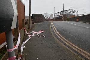 The scene of a fire yesterday, opposite the Robinson Brothers chemical plant. Phoenix Street, West Bromwich.