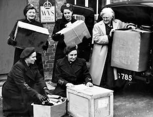 A collection of clothes and supplies for the refugees by the Women's Voluntary Service in Welshpool.