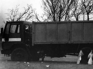 The lorry used to launch an attack on Coalisland RUC Station