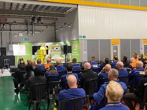 Sheila McMahon is pictured delivering a talk at Uttoxeter-based JCB 