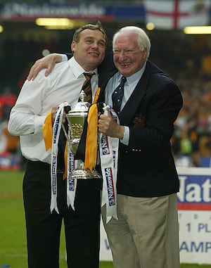 Dave Jones and Sir Jack Hayward with the First Division play-off trophy