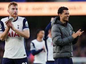 Brennan Johnson, right, celebrates alongside fellow goalscorer Dejan Kulusevski after Tottenham's win