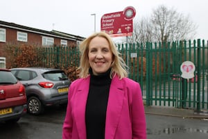 Antonia Bance MP outside Glebefields Primary School in Tipton.