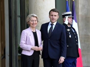 Emmanuel Macron welcomes European Commission president Ursula von der Leyen to the Elysee Palace