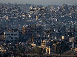 Destroyed buildings in the Gaza Strip, seen from southern Israel