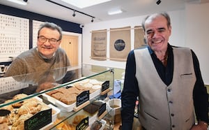 Richard Winterton serving up teas, coffee and pastries to Simon Price.