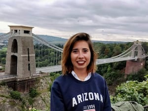 Marta Elena Vento in front of the Clifton Suspension Bridge