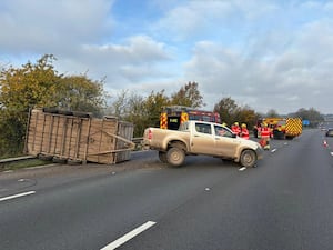 The trailer was left turned over after the collison on the M6. Photo: Staffordshire Fire and Rescue