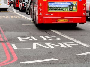 Bus lane markings on a road